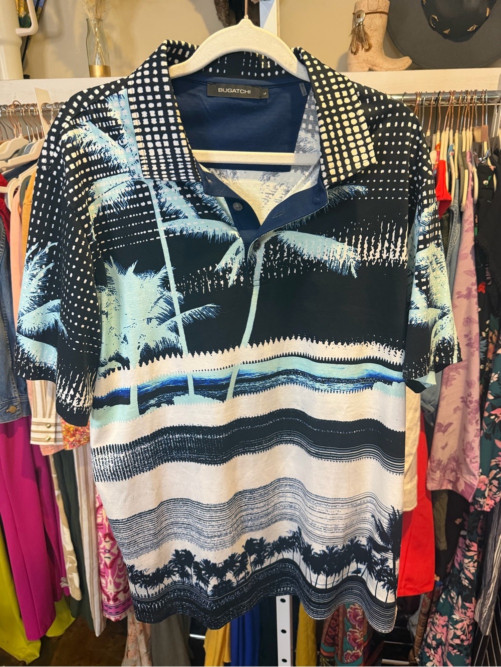 NWOT Bugatchi Hendrix Digital Palm Tree Tropical Print Polo